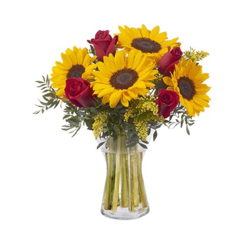 Bouquet of sunflowers and red roses