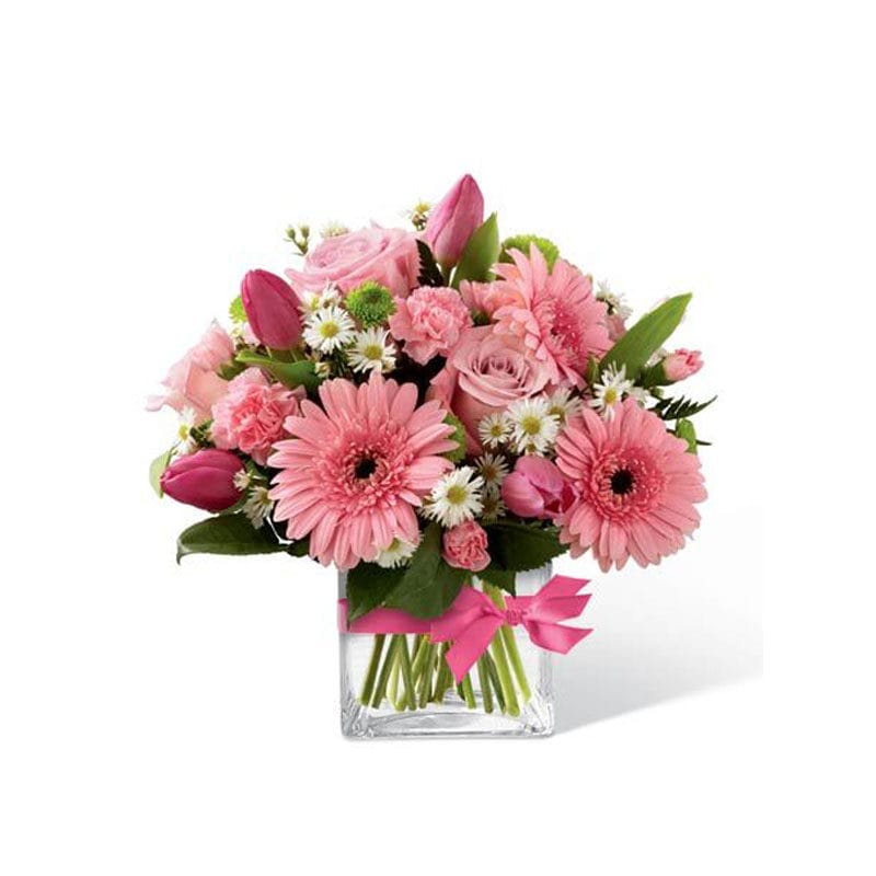 Bouquet di gerbere tulipani e rose, idea regalo per compleanno, amici, colleghi, amiche, parenti, zii, con consegna a domicilio Composizione di Tulipani rosa, rose rosa e gerbere rosa