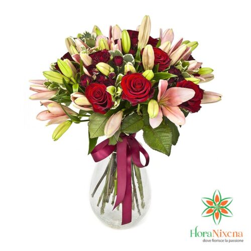 Bouquet lilium rosa, rose rosse da far recapitare fiori a domicilio, regalo mazzi di fiori online