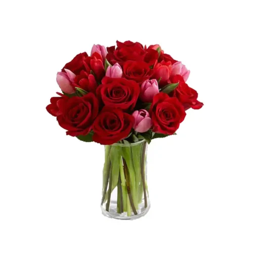 Bouquet of red roses and pink tulips