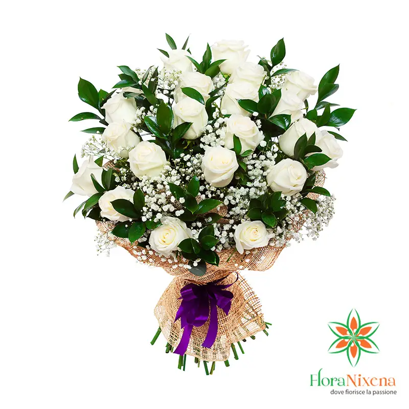 Bouquet di Gypsophila bianco e rose bianco crema