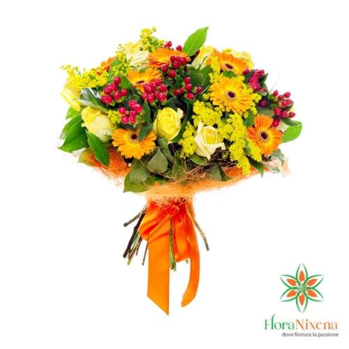 Bouquet con gerbere arancio e rose gialle, ideale per regali floreali e decorazioni, disponibile con consegna a domicilio su Floranixena