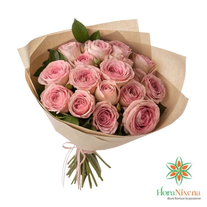Bouquet of 11 antique pink English roses wrapped in kraft paper on a white background